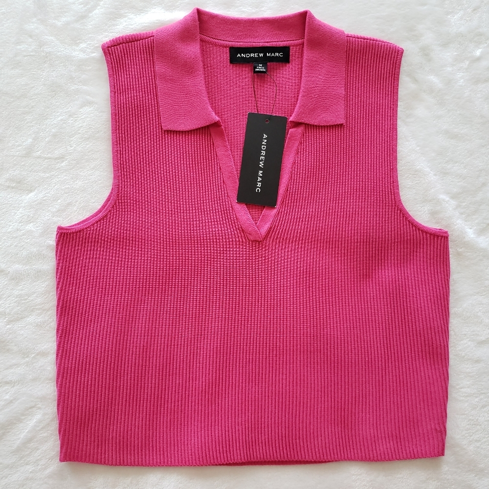 ANDREW MARC Cabaret Cropped Collared Ribbed Sleeveless Top—NWT—M